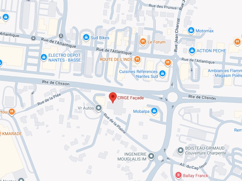 Accès CRIGE Façade et Zone Commerciale Nantes Sud Plan situant CRIGE Façade et commerces Route de Clisson à Nantes Sud.