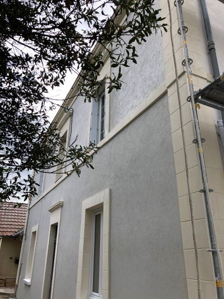 Façade de maison grise avec encadrements de fenêtres beiges, échafaudage et branches d'arbre au premier plan.